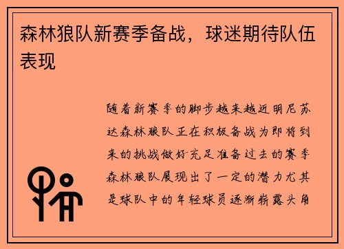 森林狼队新赛季备战，球迷期待队伍表现